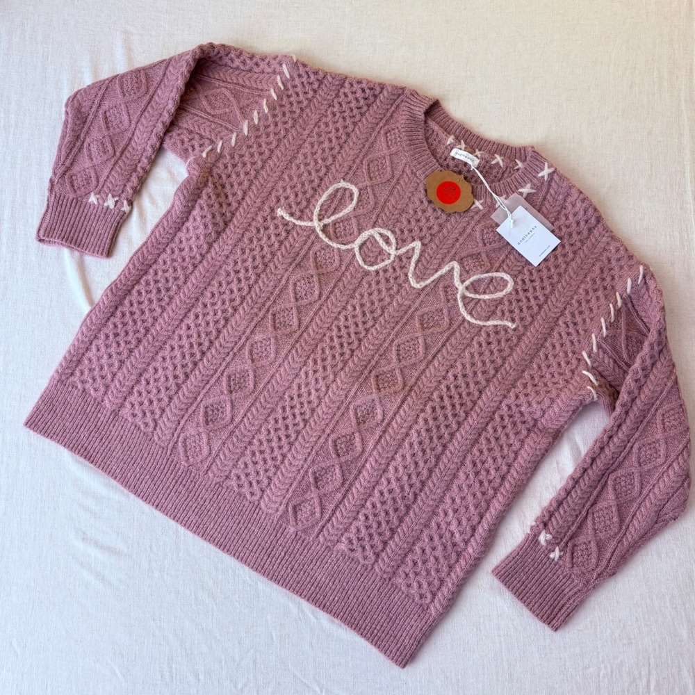 Andthewhy California‎ Love Cable Knit Sweater Mauve Pink Wool Blend New